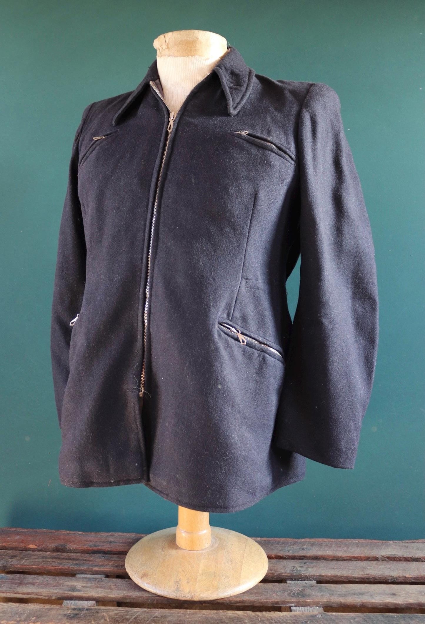 Vintage 1930s 30s indigo blue wool blouson ski jacket 38" chest action back Opti grommet zipper