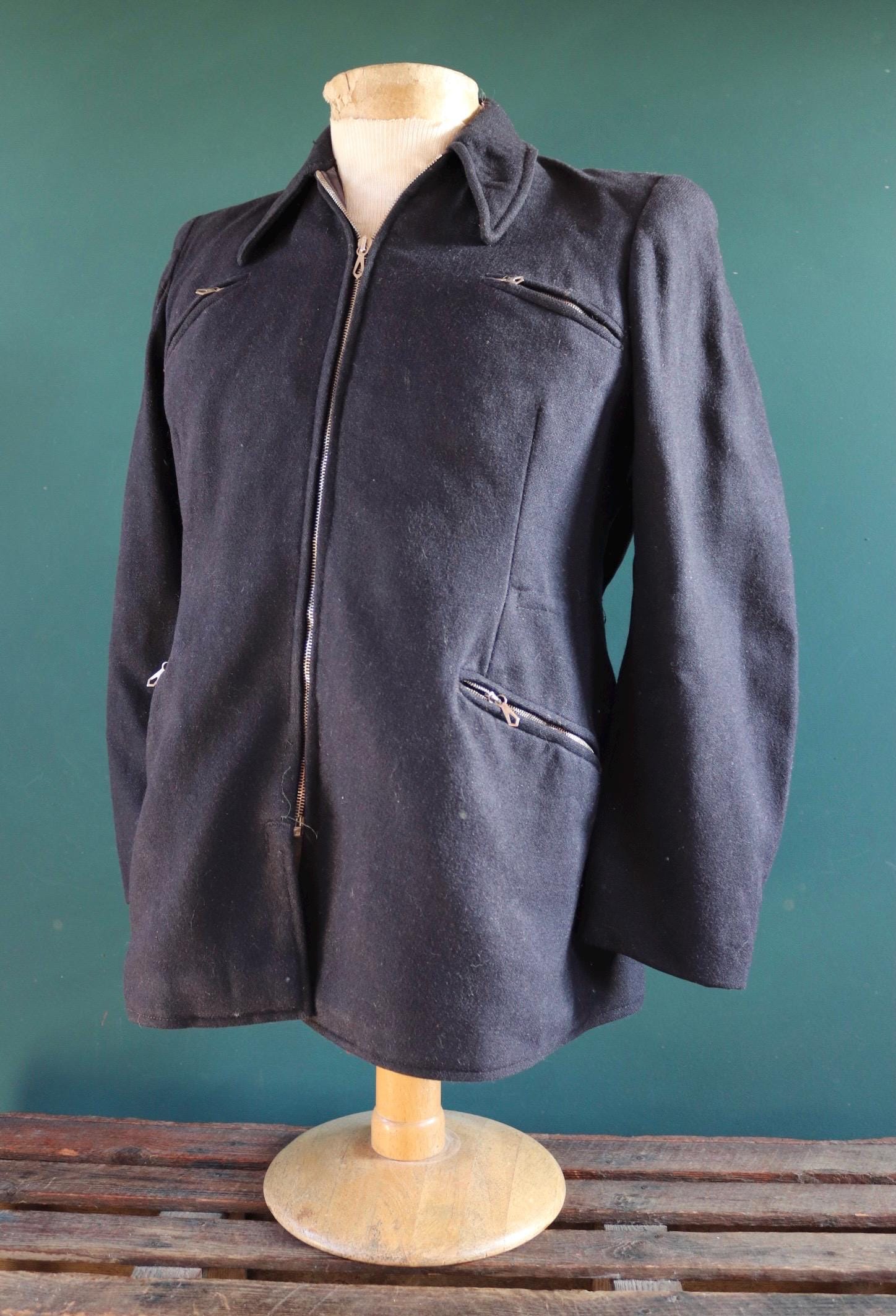 Vintage 1930s 30s indigo blue wool blouson ski jacket 38" chest action back Opti grommet zipper
