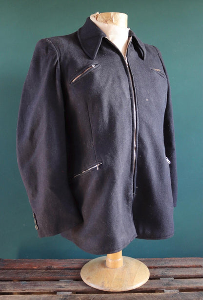 Vintage 1930s 30s indigo blue wool blouson ski jacket 38" chest action back Opti grommet zipper