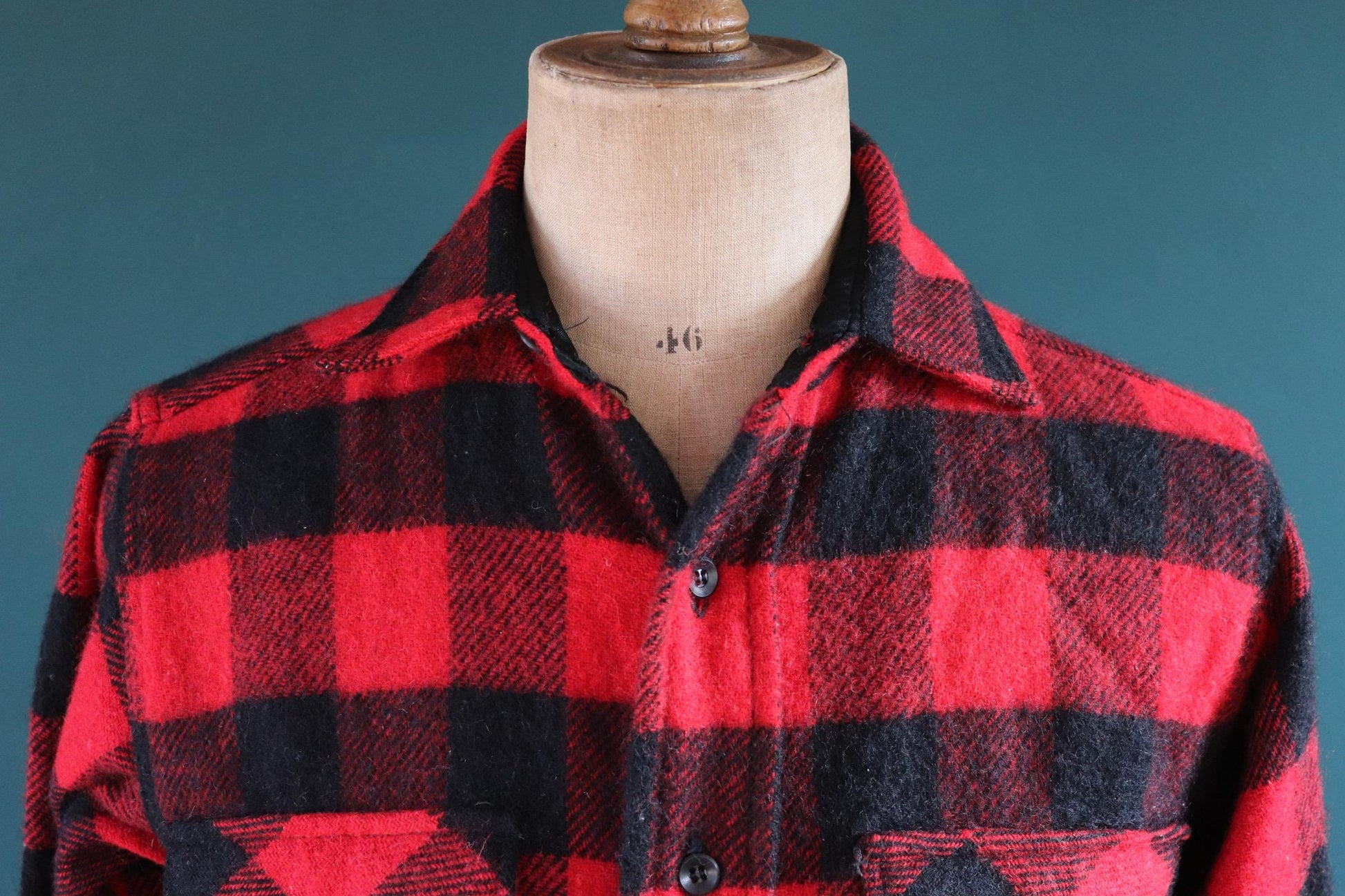 Vintage 1960s 60s 1970s 70s red black buffalo plaid thick wool shirt 5 Brothers 42” chest hunting camping workwear hunting logger