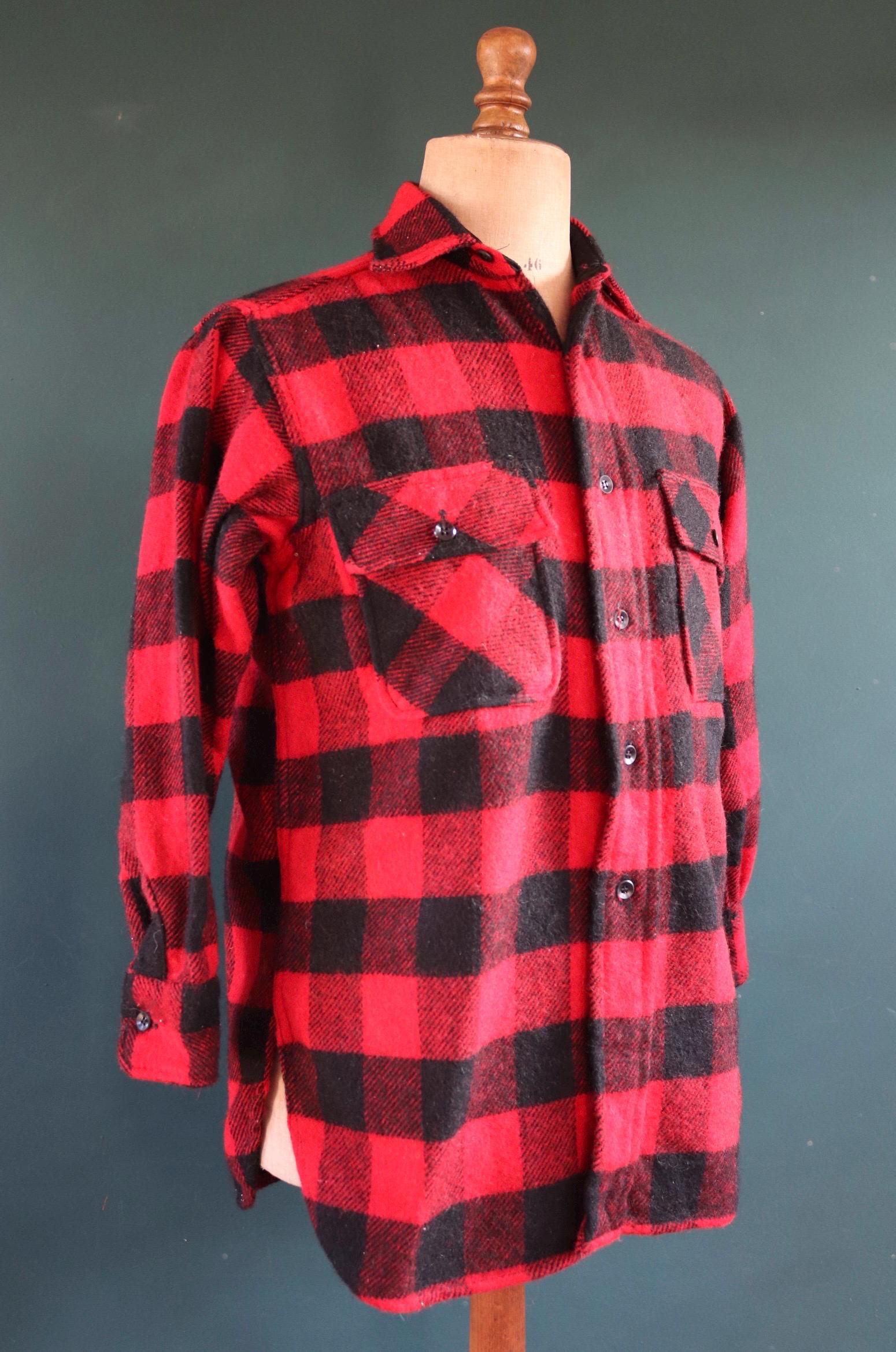 Vintage 1960s 60s 1970s 70s red black buffalo plaid thick wool shirt 5 Brothers 42” chest hunting camping workwear hunting logger