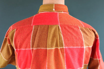 Vintage 1970s 70s Kennington California nubby windowpane checked short sleeve button down collar shirt mustard red 47" chest Ivy style