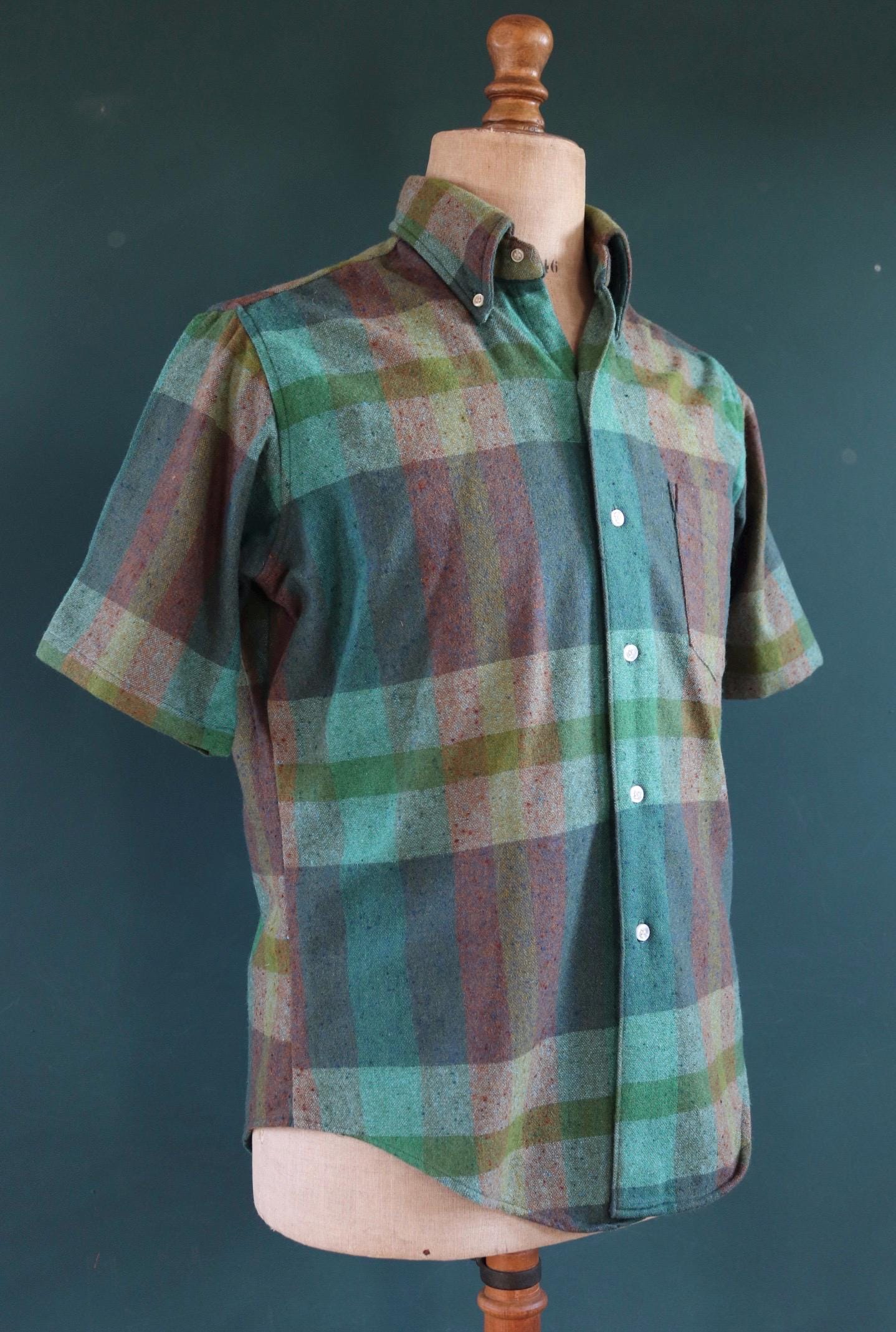 Vintage 1970s short sleeve shirt - Ivy style - green teal blue - windowpane check - 44" Chest