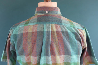 Vintage 1970s 70s Kennington California nubby windowpane checked short sleeve button down collar shirt green teal blue 44" chest Ivy style