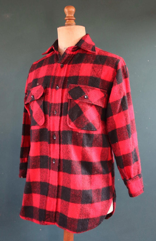 Vintage 1960s 60s 1970s 70s red black buffalo plaid thick wool shirt 5 Brothers 42” chest hunting camping workwear hunting logger