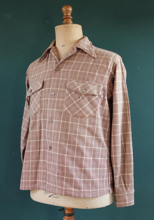 Vintage 1940s 40s Arrow brown lavender heather wool plaid checked shirt 46” chest swallowtail collar