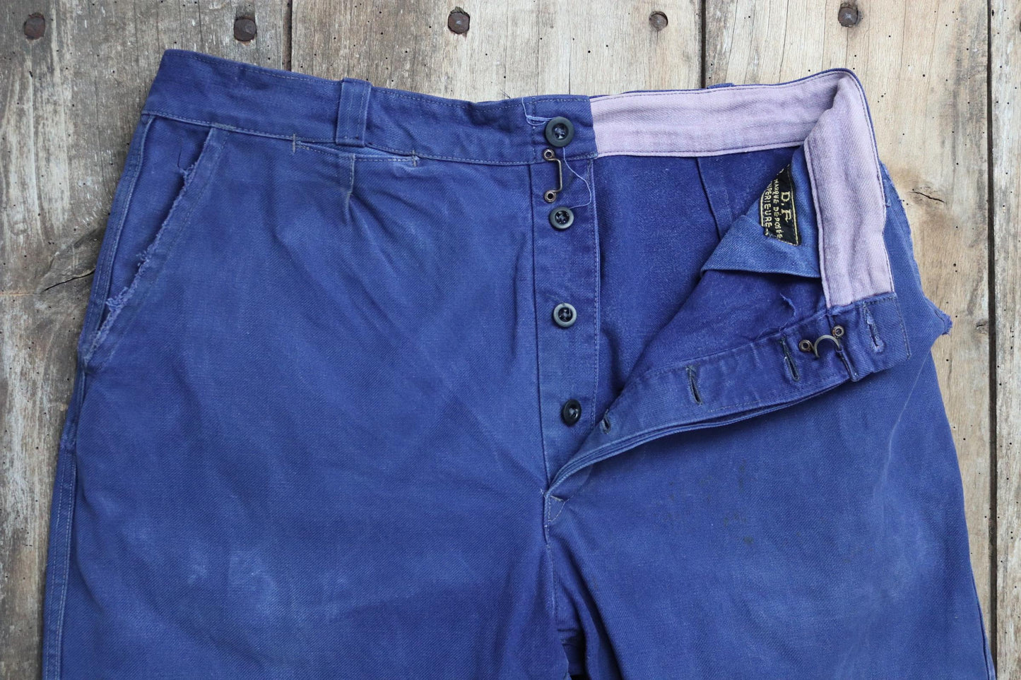 Vintage French workwear trousers pants indigo cotton twill 1940s 1950s work chore 32” x 27”