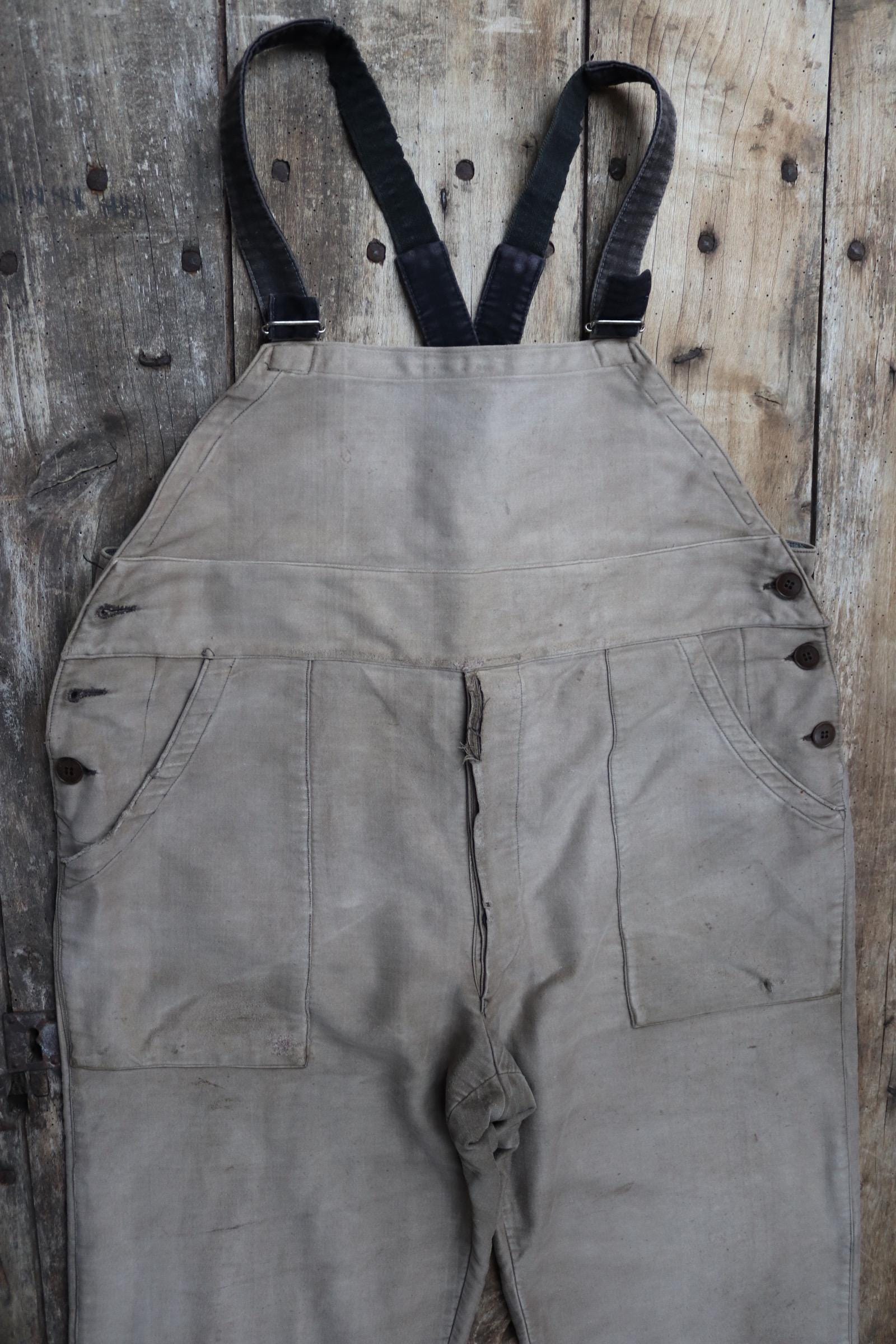 Vintage French workwear overalls dungarees 1950s moleskin brown work chore patched repaired darned 42” x 30”