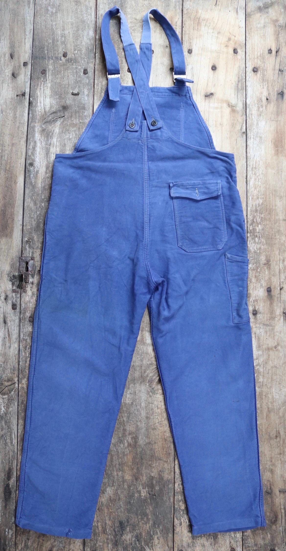 Vintage French workwear overalls dungarees moleskin work chore bib brace 39” x 28” bleu de travail repaired darned 1960s