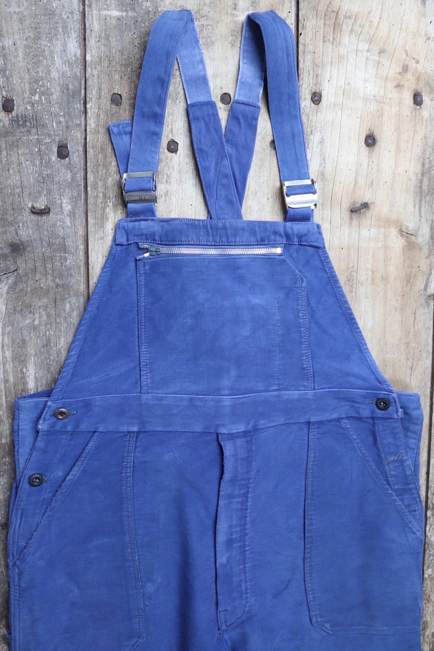 Vintage French workwear overalls dungarees moleskin work chore bib brace 39” x 28” bleu de travail repaired darned 1960s