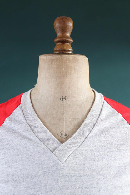 Vintage 1980s 80s 1990s 90s 50/50 poly cotton grey marl red ringer football v neck t shirt 38” chest
