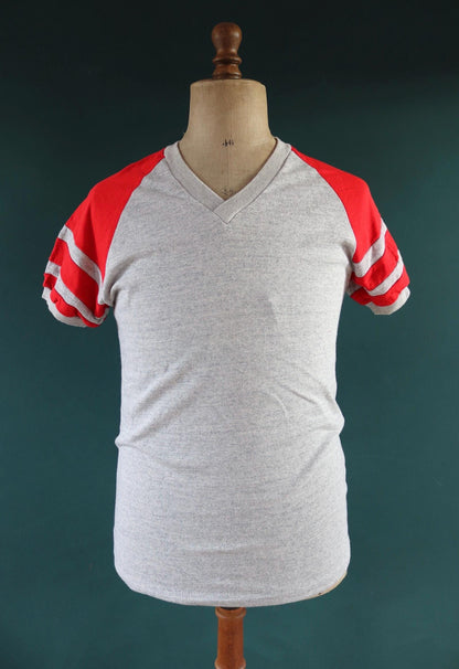 Vintage 1980s 80s 1990s 90s 50/50 poly cotton grey marl red ringer football v neck t shirt 38” chest