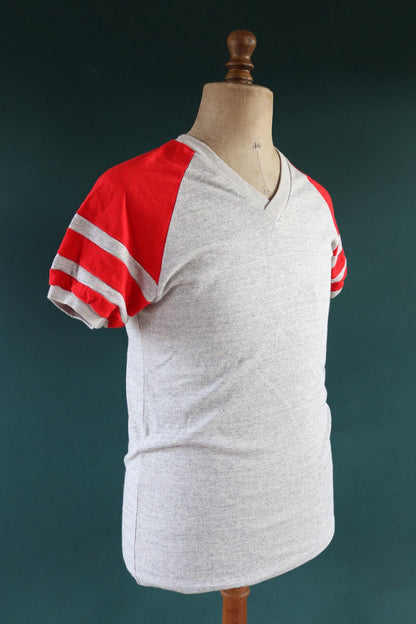 Vintage 1980s 80s 1990s 90s 50/50 poly cotton grey marl red ringer football v neck t shirt 38” chest