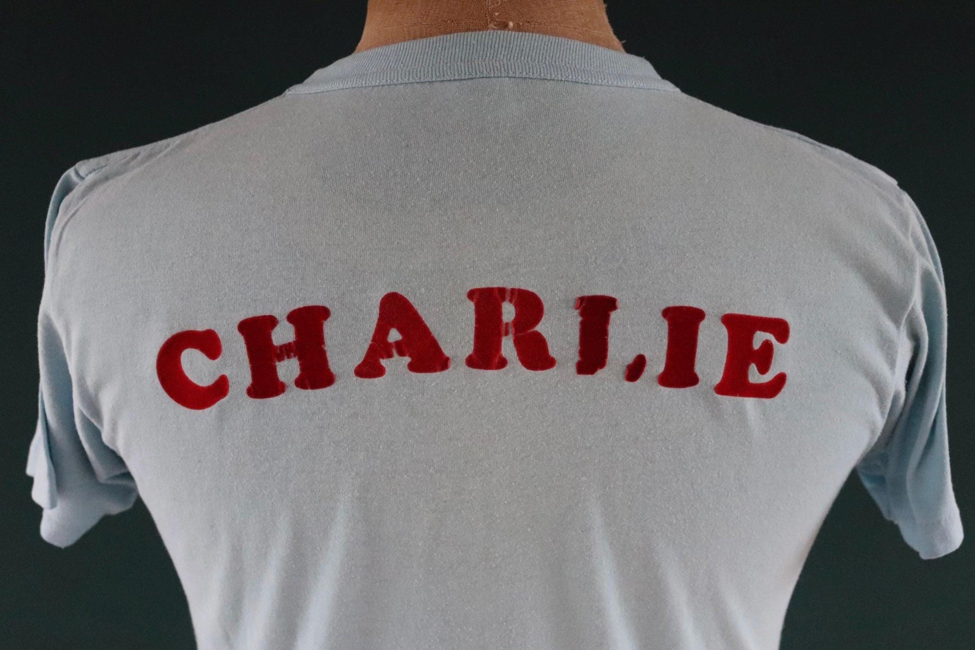 Vintage 1970s 70s 1980s 80s sky blue poly cotton 50th birthday souvenir Charlie over the hill sports sportswear t shirt 38” chest