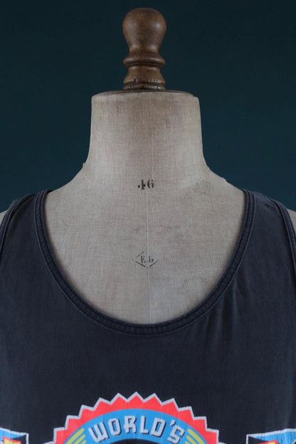 Vintage 1990s 90s faded black Fuddruckers hamburgers neon print cotton singlet vest sports sportswear t shirt 46” chest