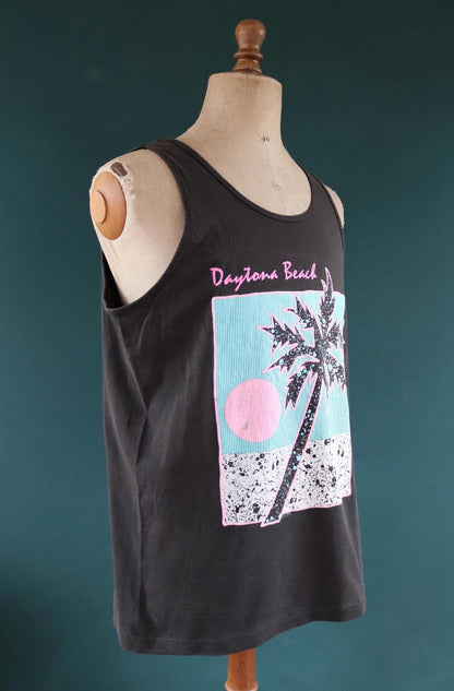 Vintage 1990s 90s Fruit of the Loom faded black neon Daytona Beach tourist souvenir vest singlet t shirt 43” chest