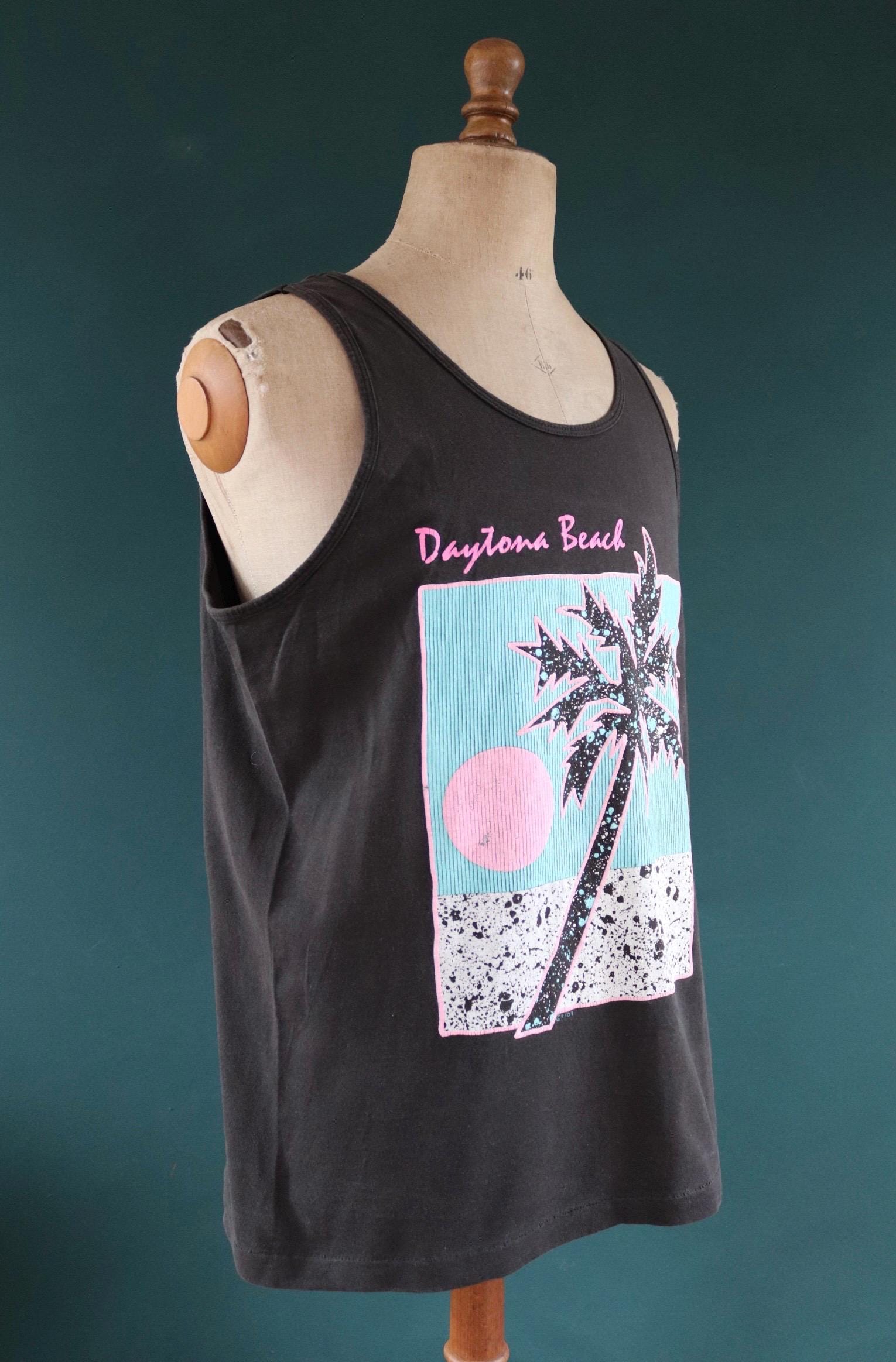 Vintage 1990s t shirt - Fruit of the Loom faded black and neon vest - Daytona Beach print - tourist souvenir singlet - 43” chest