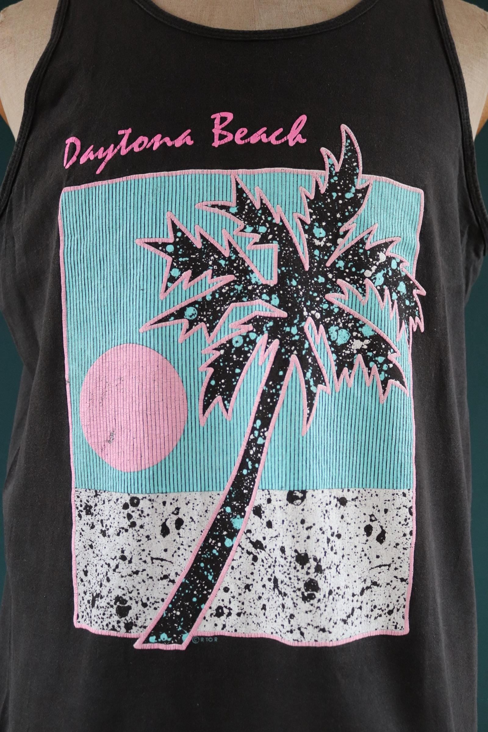 Vintage 1990s 90s Fruit of the Loom faded black neon Daytona Beach tourist souvenir vest singlet t shirt 43” chest