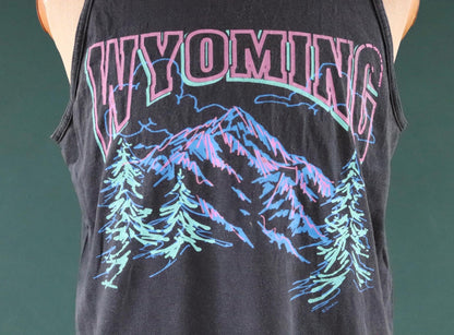 Vintage 1990s 90s Oneita faded black neon Wyoming tourist souvenir vest singlet t shirt 44” chest