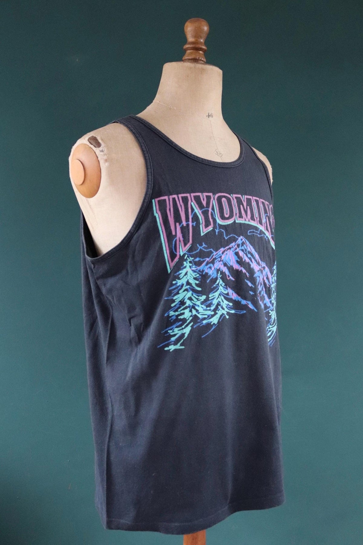 Vintage 1990s t shirt - faded black and neon vest - Wyoming tourist souvenir - 44” chest