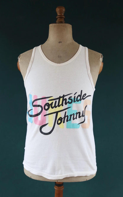 Vintage 1980s 80s 1990s 90s off white Southside Johnny neon print cotton singlet vest sports sportswear t shirt 38” chest