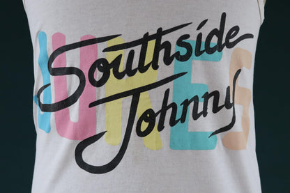 Vintage 1980s 80s 1990s 90s off white Southside Johnny neon print cotton singlet vest sports sportswear t shirt 38” chest