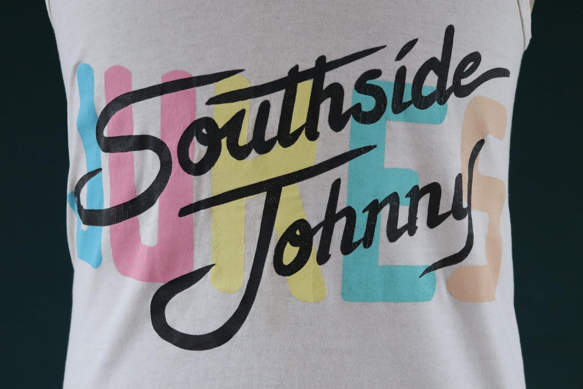Vintage 1980s 1990s t shirt - neon and white vest - Southside Johnny print - cotton sportswear singlet - 38” chest