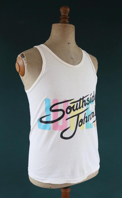 Vintage 1980s 80s 1990s 90s off white Southside Johnny neon print cotton singlet vest sports sportswear t shirt 38” chest