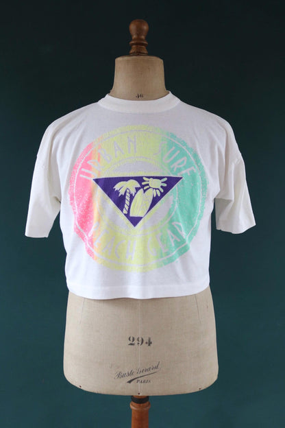 Vintage 1980s 80s 1990s white poly cotton urban beach neon souvenir cropped surf sports sportswear t shirt 43” chest