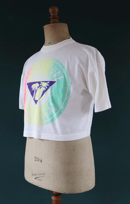 Vintage 1980s 80s 1990s white poly cotton urban beach neon souvenir cropped surf sports sportswear t shirt 43” chest