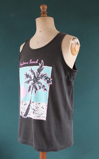 Vintage 1990s 90s Fruit of the Loom faded black neon Daytona Beach tourist souvenir vest singlet t shirt 43” chest
