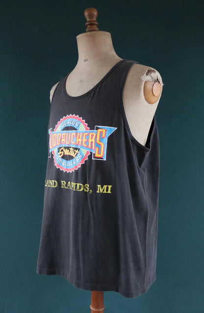 Vintage 1990s 90s faded black Fuddruckers hamburgers neon print cotton singlet vest sports sportswear t shirt 46” chest