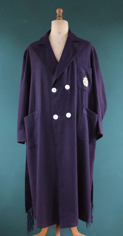Vintage 1950s 50s 1960s 60s USN US naval navy blue academy wool blend dressing gown robe tassel belted smoking jacket 52” chest