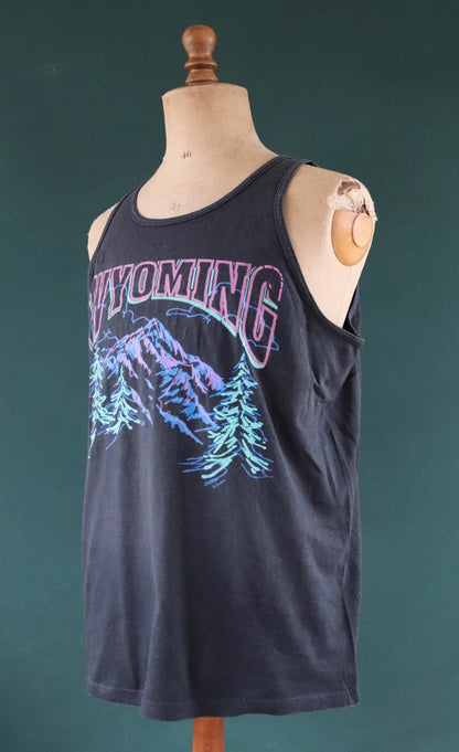 Vintage 1990s 90s Oneita faded black neon Wyoming tourist souvenir vest singlet t shirt 44” chest