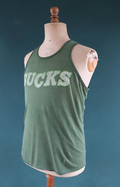 Vintage 1980s 80s green Bucks print cotton singlet vest sports sportswear t shirt 39” chest