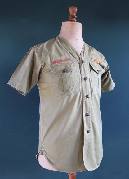 Vintage 1950s 1960s BSA shirt khaki green cotton Boy Scouts of America summer camp camping 40" chest patches