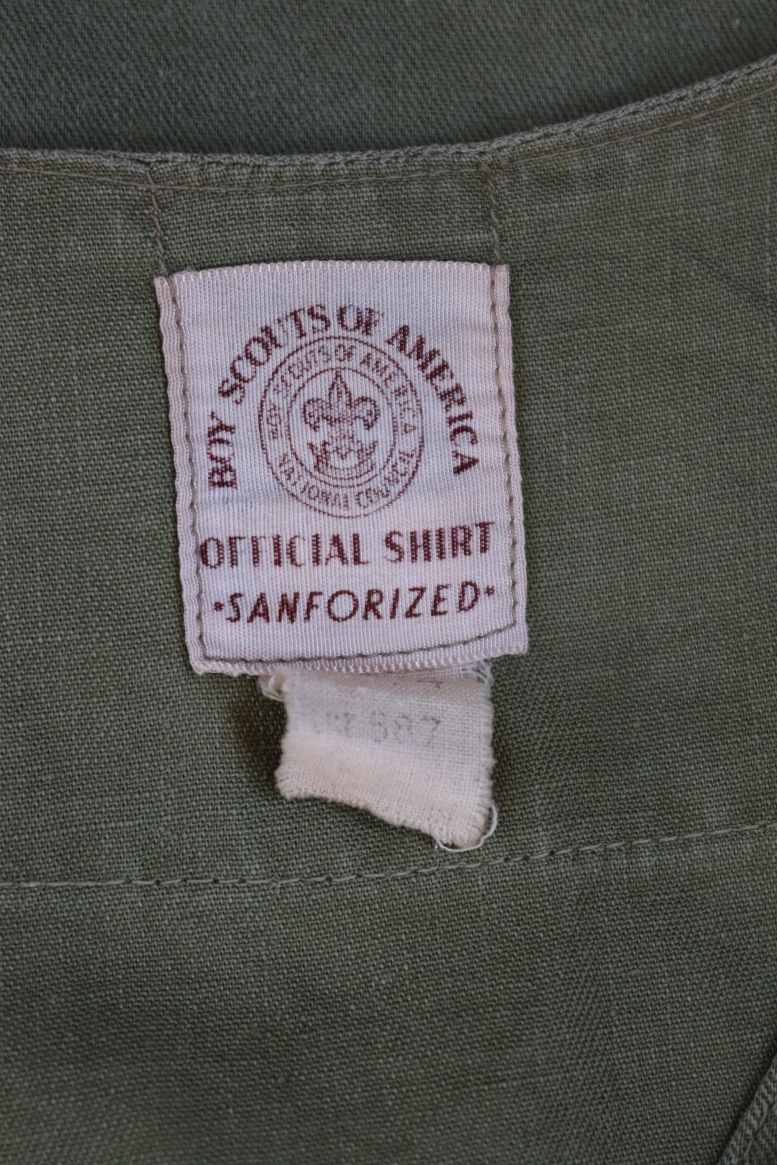 Vintage 1950s 1960s BSA shirt khaki green cotton Boy Scouts of America summer camp camping 40" chest patches