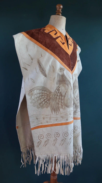Vintage 1960s 1970s suede poncho orange brown tasseled cow hide vest waistcoat South Western souvenir biker tabard gilet decorated