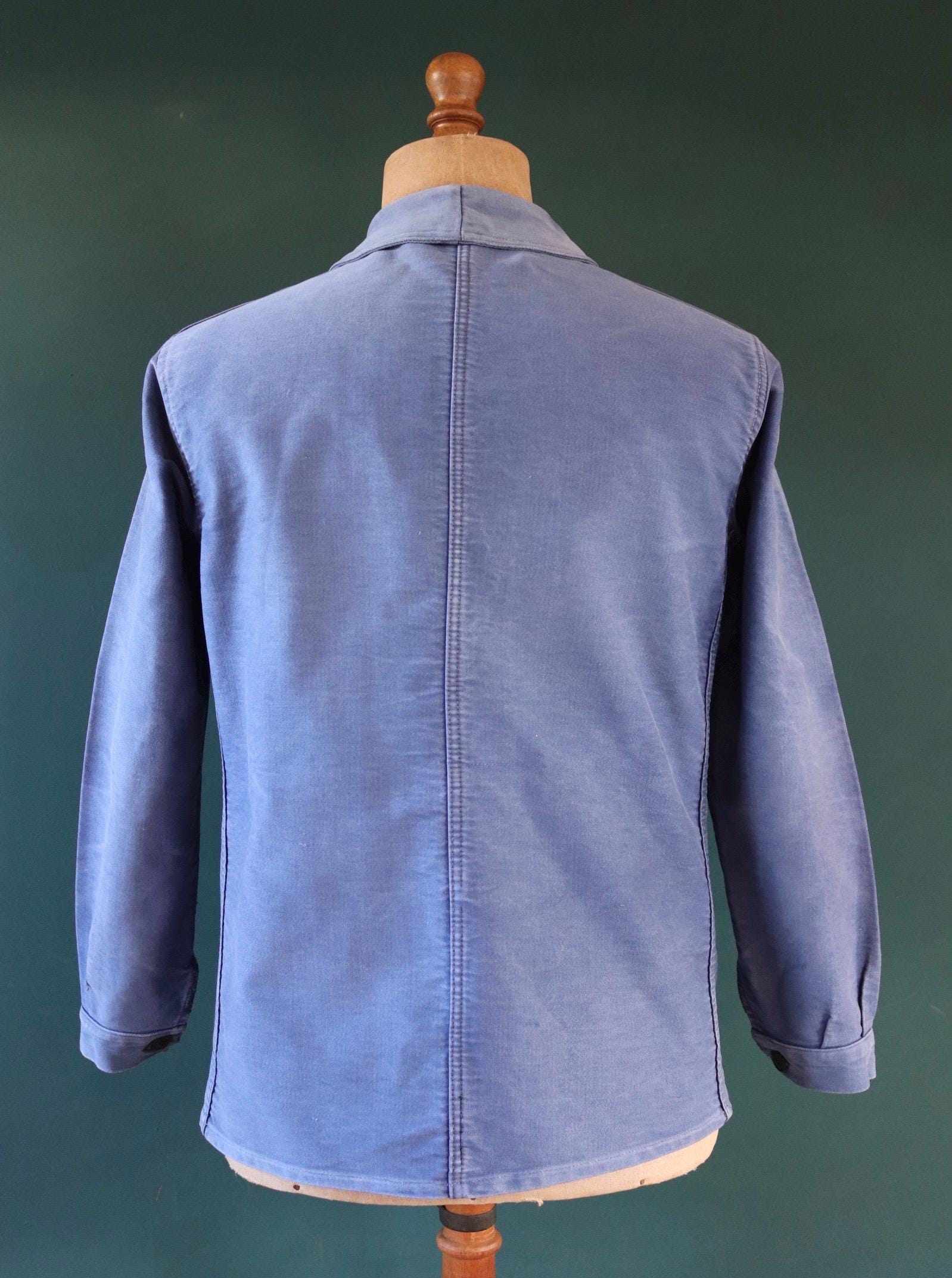 Vintage French workwear jacket blue moleskin work chore faded 41” chest bleu de travail 1940s 1950s