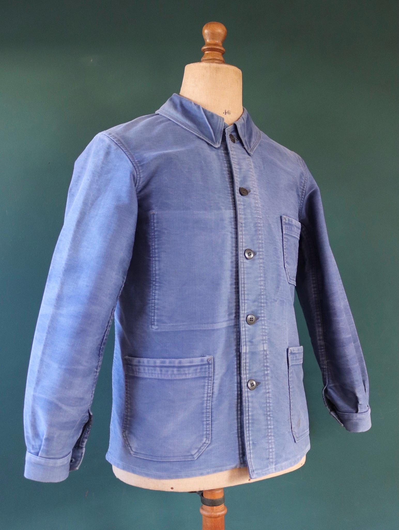 Vintage French workwear jacket blue moleskin work chore faded 41” chest bleu de travail 1940s 1950s