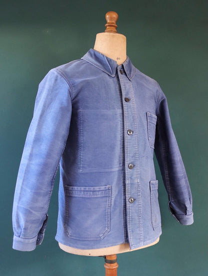 Vintage French workwear jacket blue moleskin work chore faded 41” chest bleu de travail 1940s 1950s