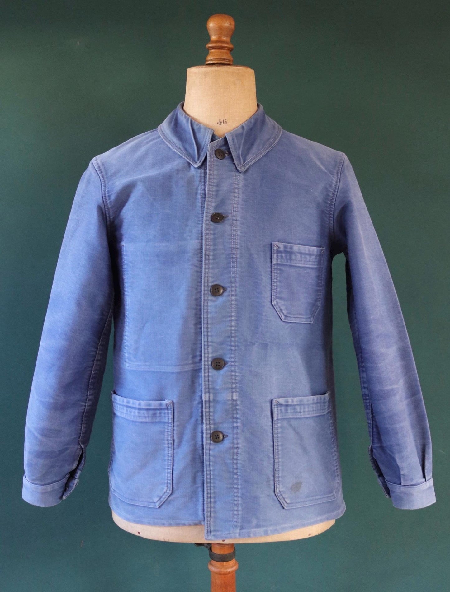 Vintage French workwear jacket blue moleskin work chore faded 41” chest bleu de travail 1940s 1950s