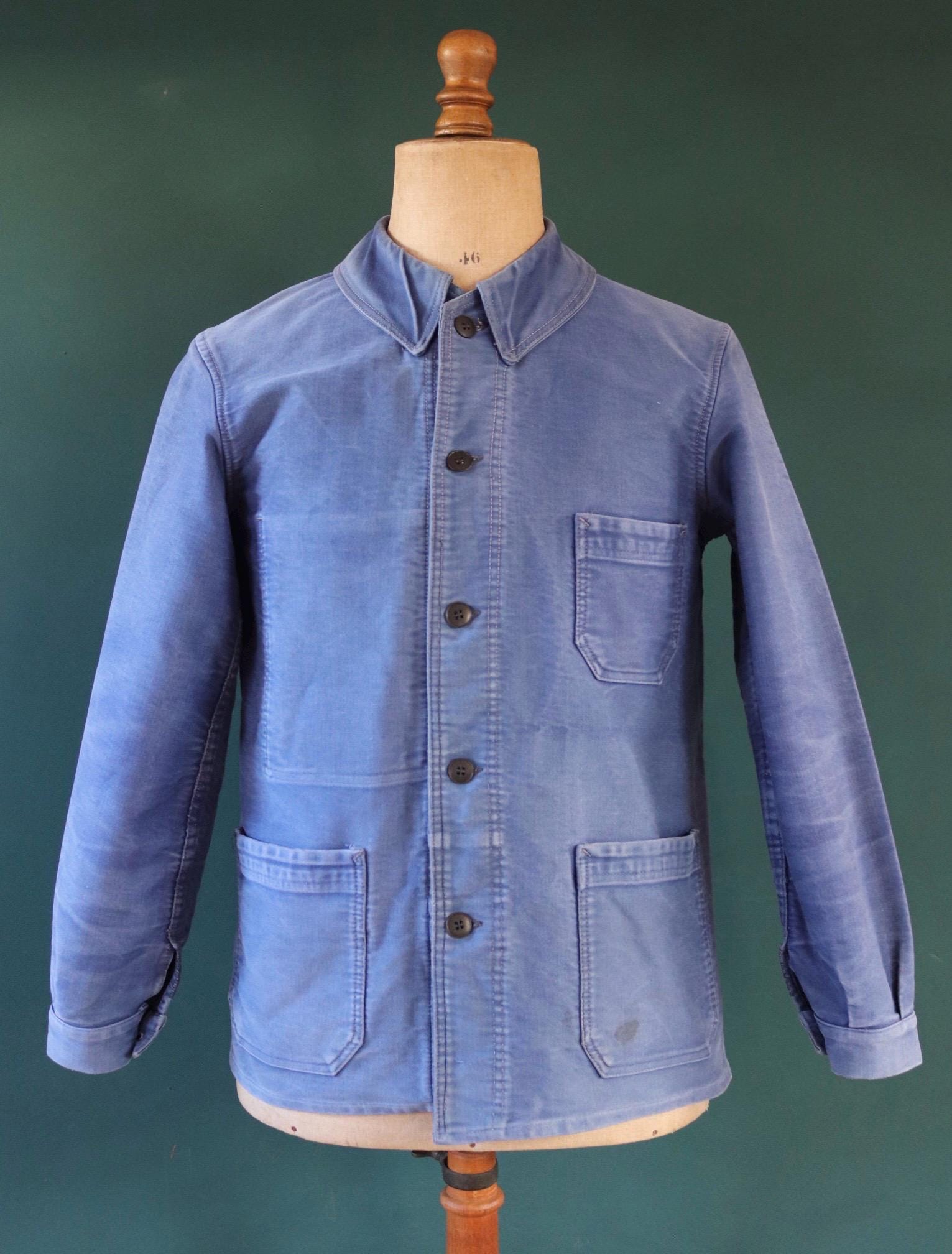 Vintage French workwear jacket blue moleskin work chore faded 41” chest bleu de travail 1940s 1950s
