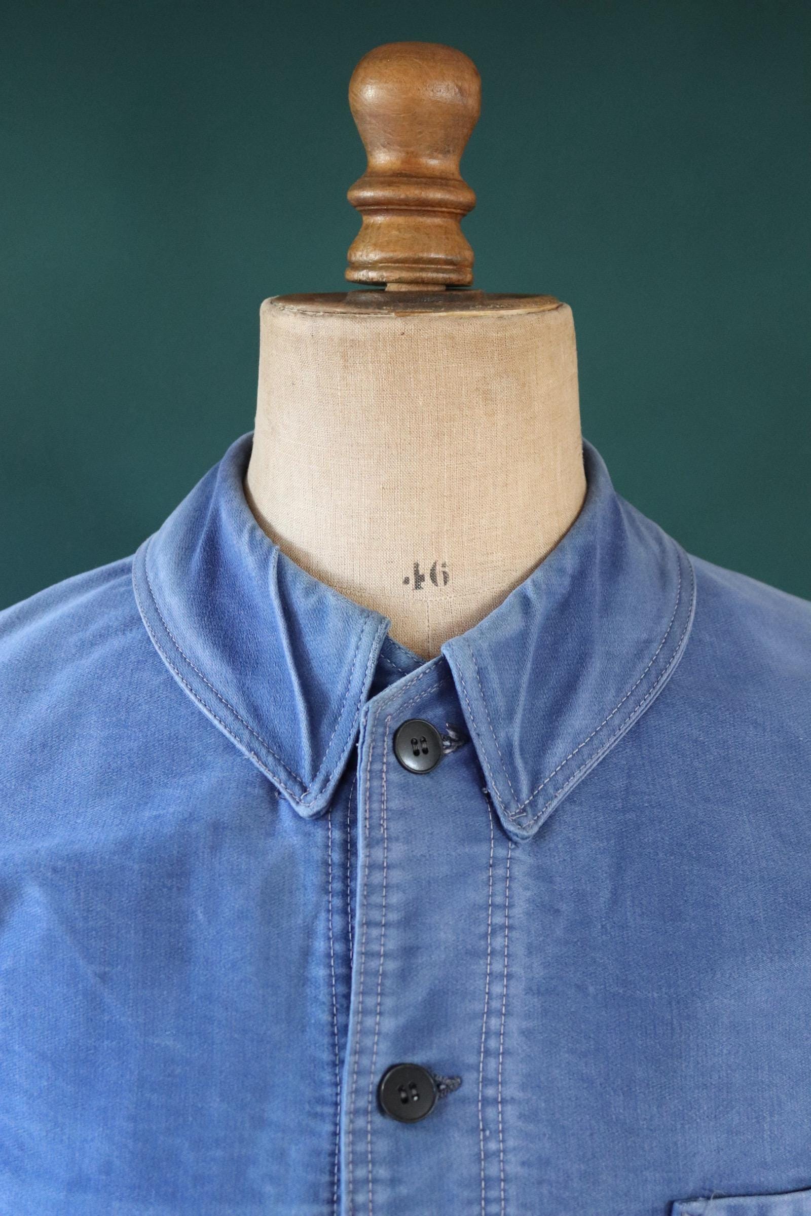 Vintage French workwear jacket blue moleskin work chore faded 41” chest bleu de travail 1940s 1950s