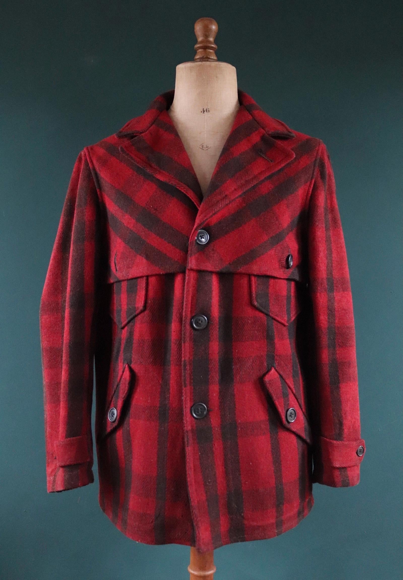 Vintage 1930s 30s 1940s 40s red black plaid JC Penney buffalo plaid wool hunting mackinaw jacket 45” chest workwear work chore logger