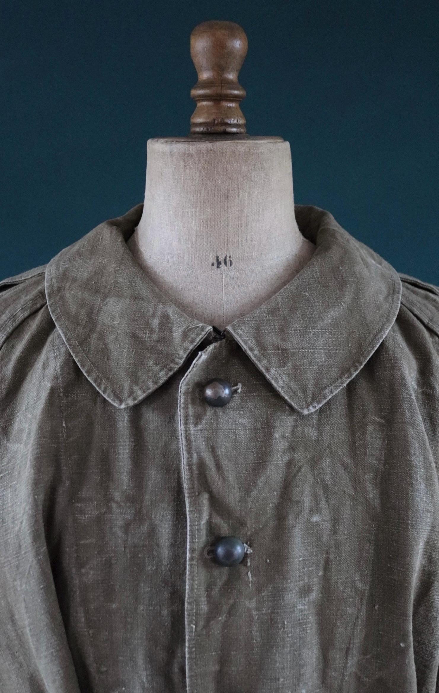 Vintage WW2 French dispatch rider coat 1930s belted green khaki linen overcoat motorcycle long jacket military army M35 M-35