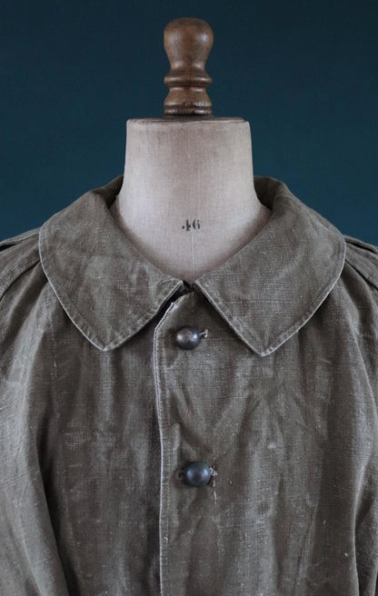 Vintage WW2 French dispatch rider coat 1930s belted green khaki linen overcoat motorcycle long jacket military army M35 M-35