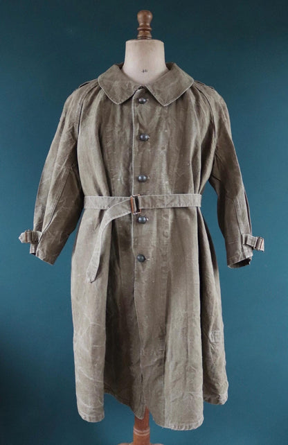Vintage WW2 French dispatch rider coat 1930s belted green khaki linen overcoat motorcycle long jacket military army M35 M-35