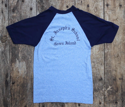 Vintage 1980s 80s blue heather marl poly cotton kids school sports sportswear t shirt 30” chest