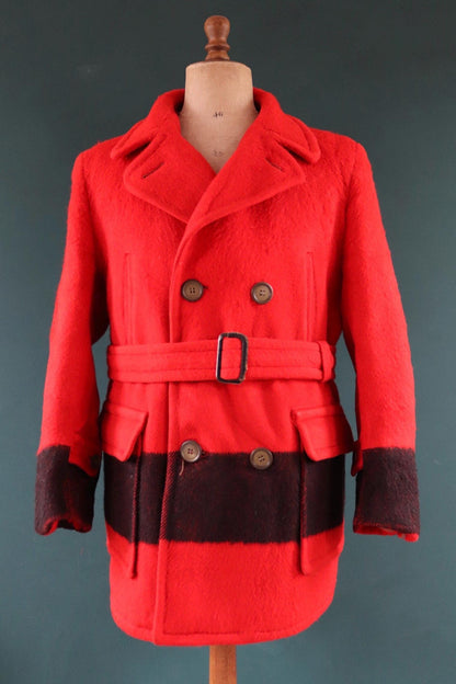 Vintage 1940s 40s 1950s 50s Hudsons Bay red black stripe wool winter mackinaw coat jacket belted double breasted Canada 48" 4 point blanket